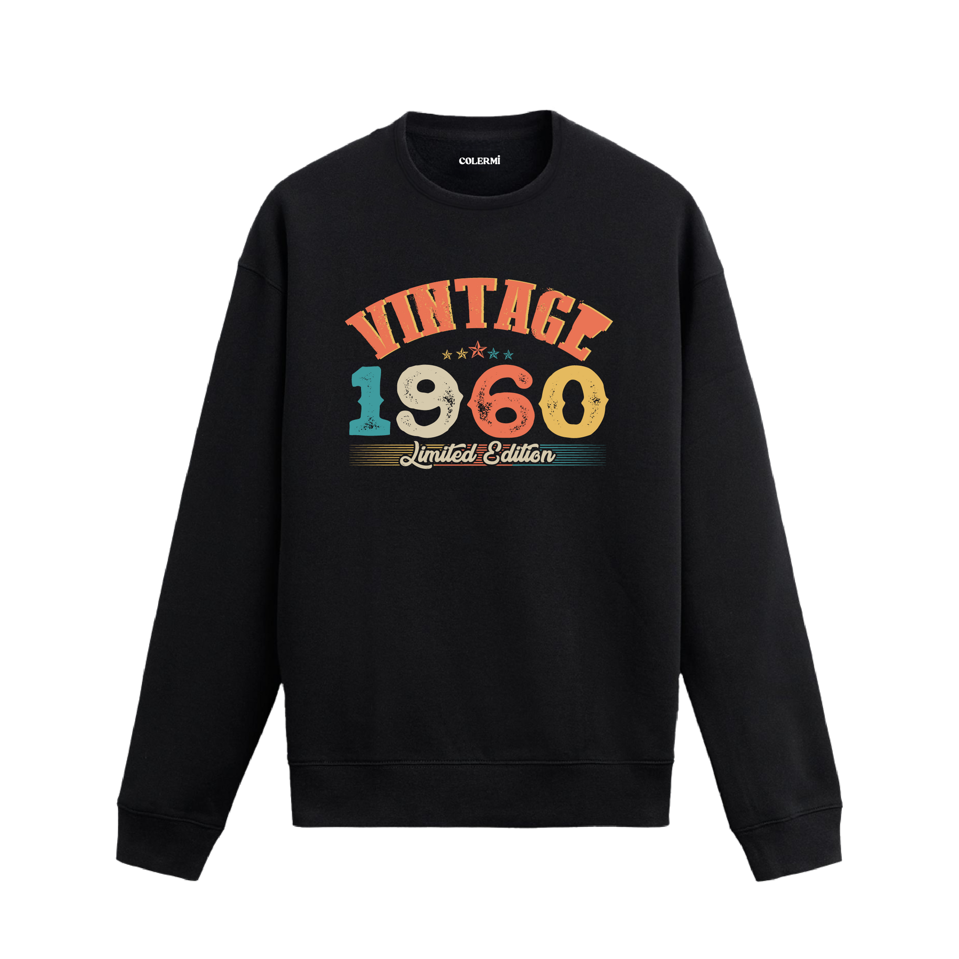 1960 yılına özel tasarlanmış siyah Vintage Sweatshirt Echo, retro yazı ve yıl baskılı sweatshirt modeli.