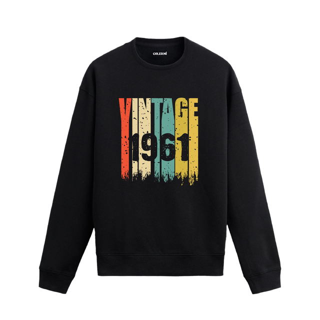1961 doğumlular için tasarlanmış retro baskılı Vintage Era sweatshirt, siyah pamuklu kumaş.