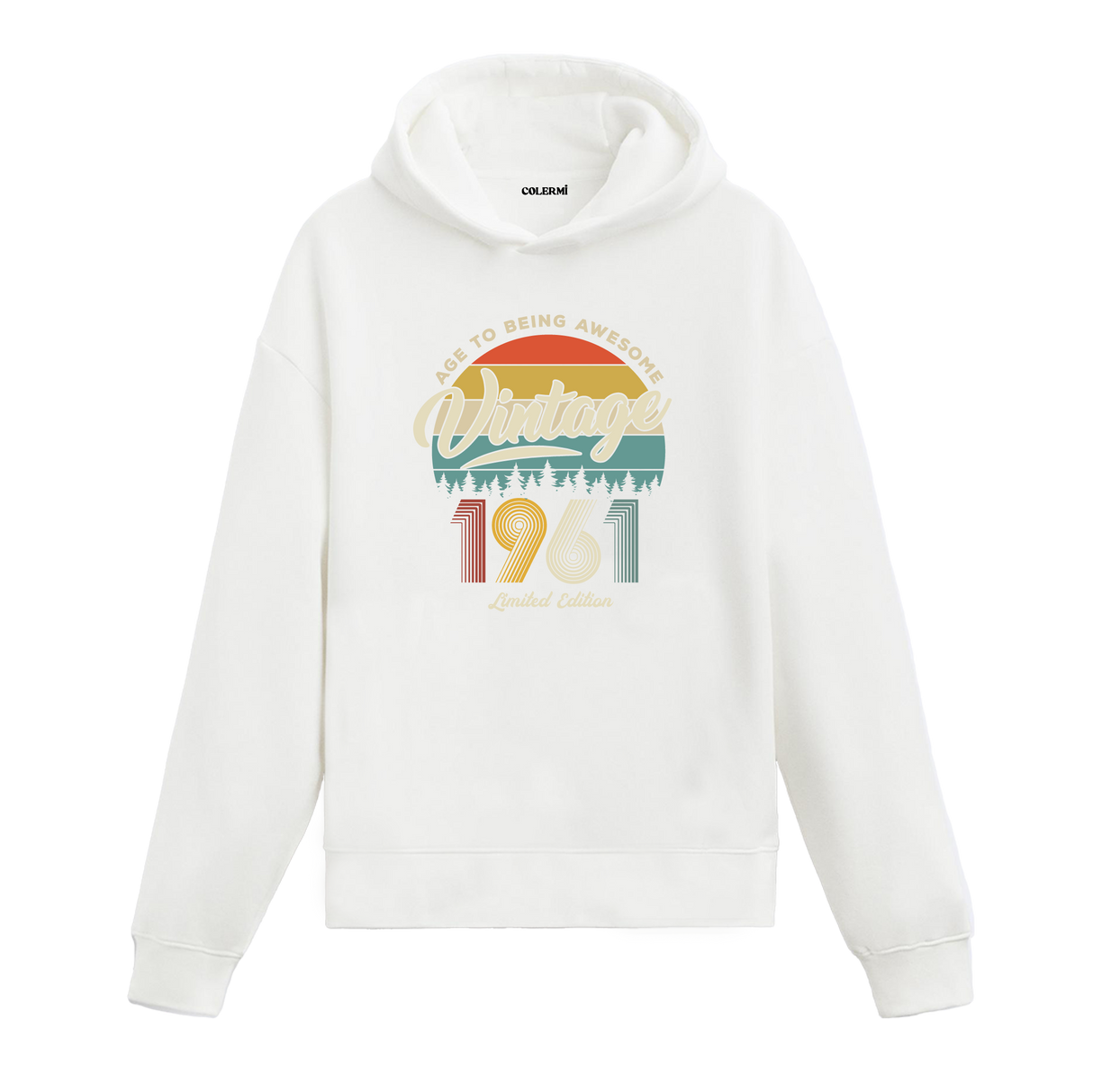 1961 Vintage Hoodie, nostaljik yıl baskılı pamuklu beyaz hoodie.