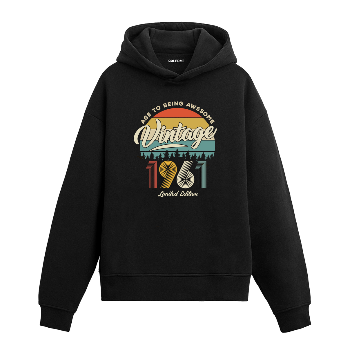 1961 Vintage Hoodie, nostaljik yıl baskılı pamuklu siyah hoodie.