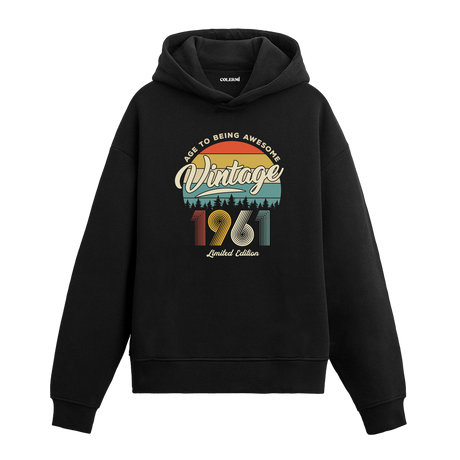 1961 Vintage Hoodie, nostaljik yıl baskılı pamuklu siyah hoodie.