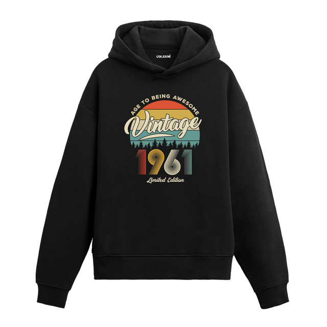 1961 Vintage Hoodie, nostaljik yıl baskılı pamuklu siyah hoodie.
