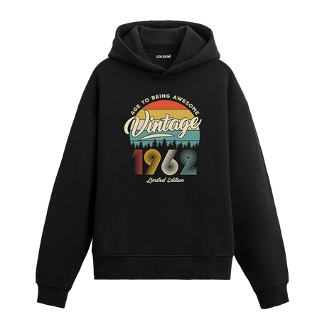 1962 Vintage Hoodie, retro yıl baskılı pamuklu siyah hoodie.