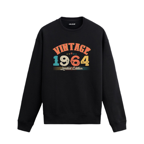 1964 yılına özel tasarlanmış siyah Vintage Sweatshirt Echo, retro yazı ve yıl baskılı sweatshirt modeli.