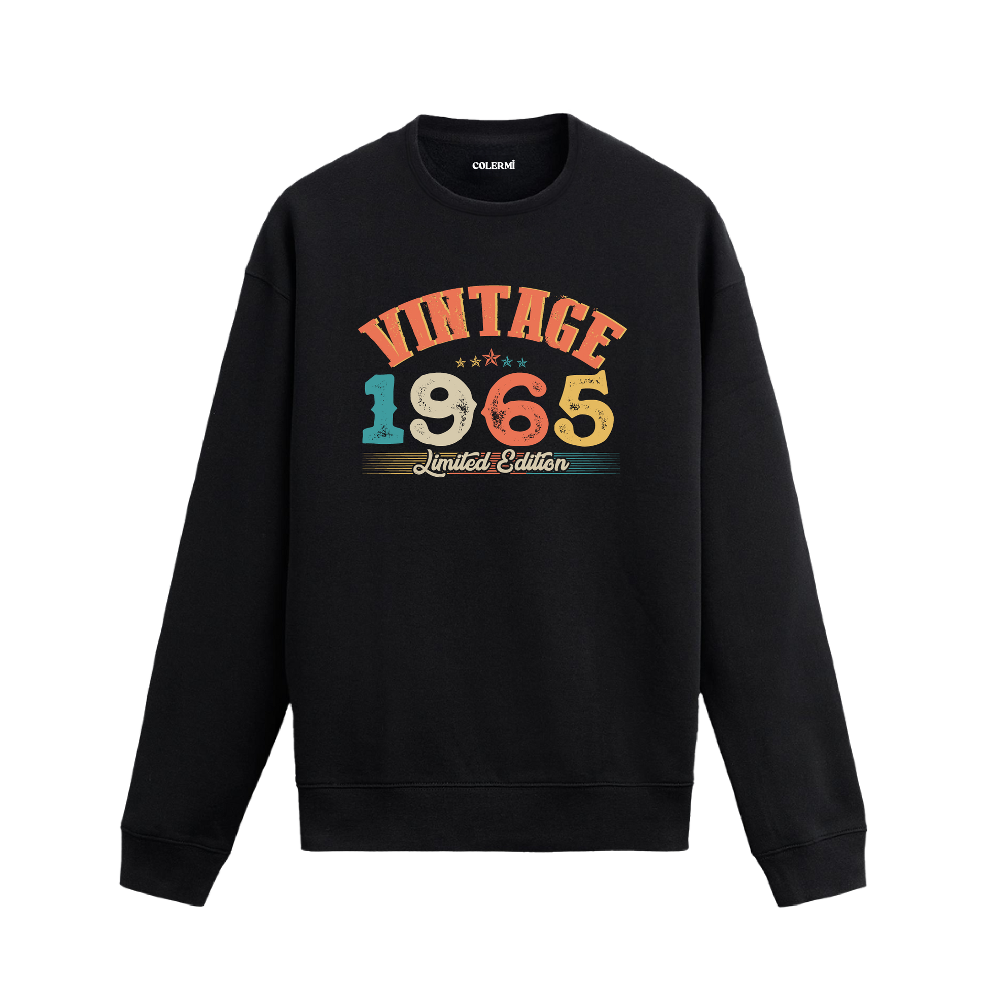 1965 yılına özel tasarlanmış siyah Vintage Sweatshirt Echo, retro yazı ve yıl baskılı sweatshirt modeli.