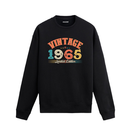 1965 yılına özel tasarlanmış siyah Vintage Sweatshirt Echo, retro yazı ve yıl baskılı sweatshirt modeli.