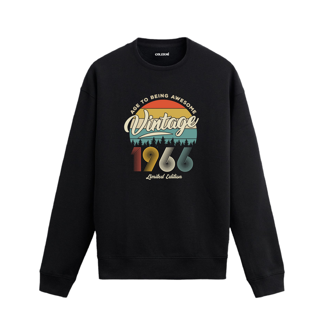 1966 yılı baskılı siyah retro vintage sweatshirt