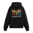 1970 doğum tarihli retro baskılı siyah vintage hoodie
