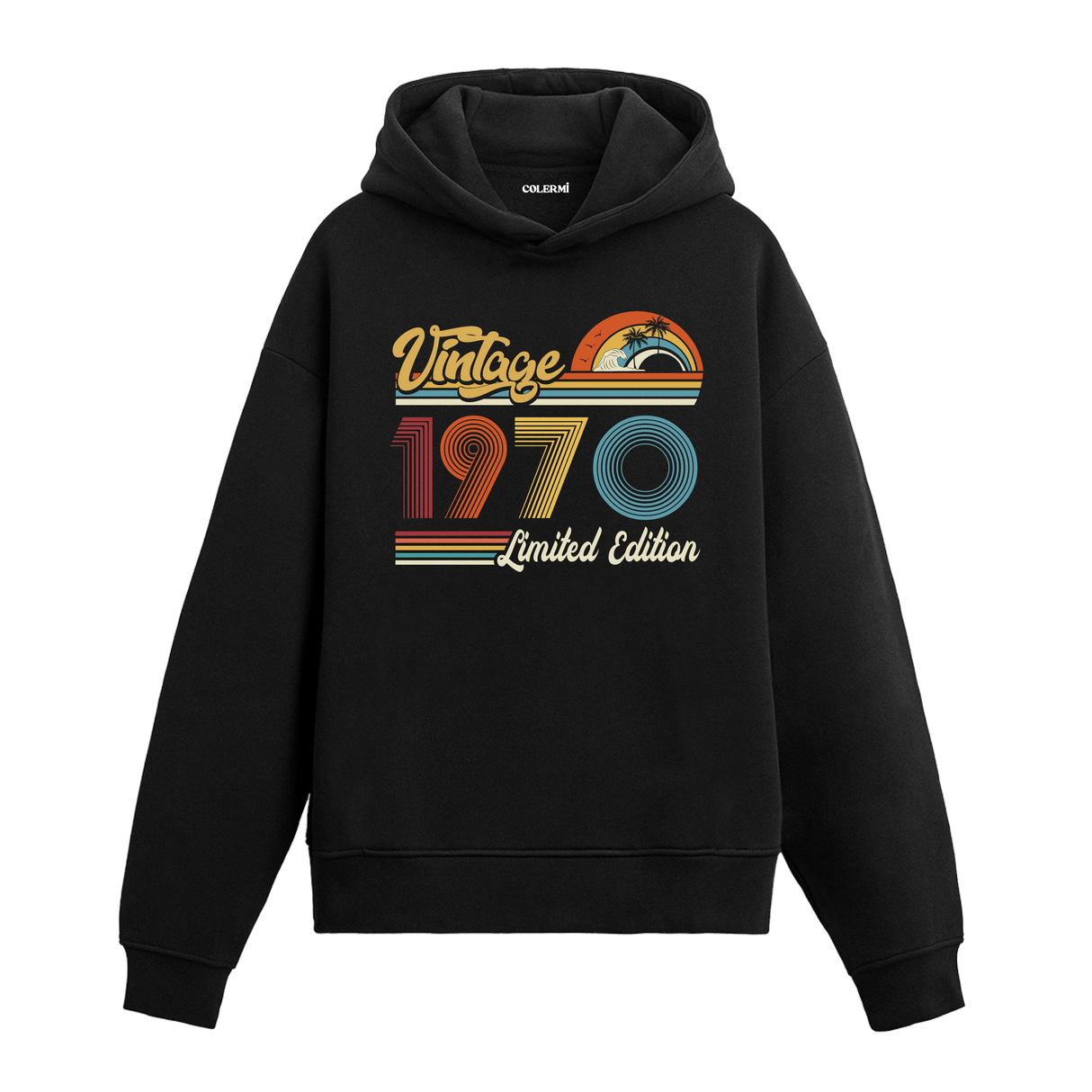 1970 doğum tarihli retro baskılı siyah vintage hoodie