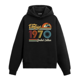 1970 doğum tarihli retro baskılı siyah vintage hoodie