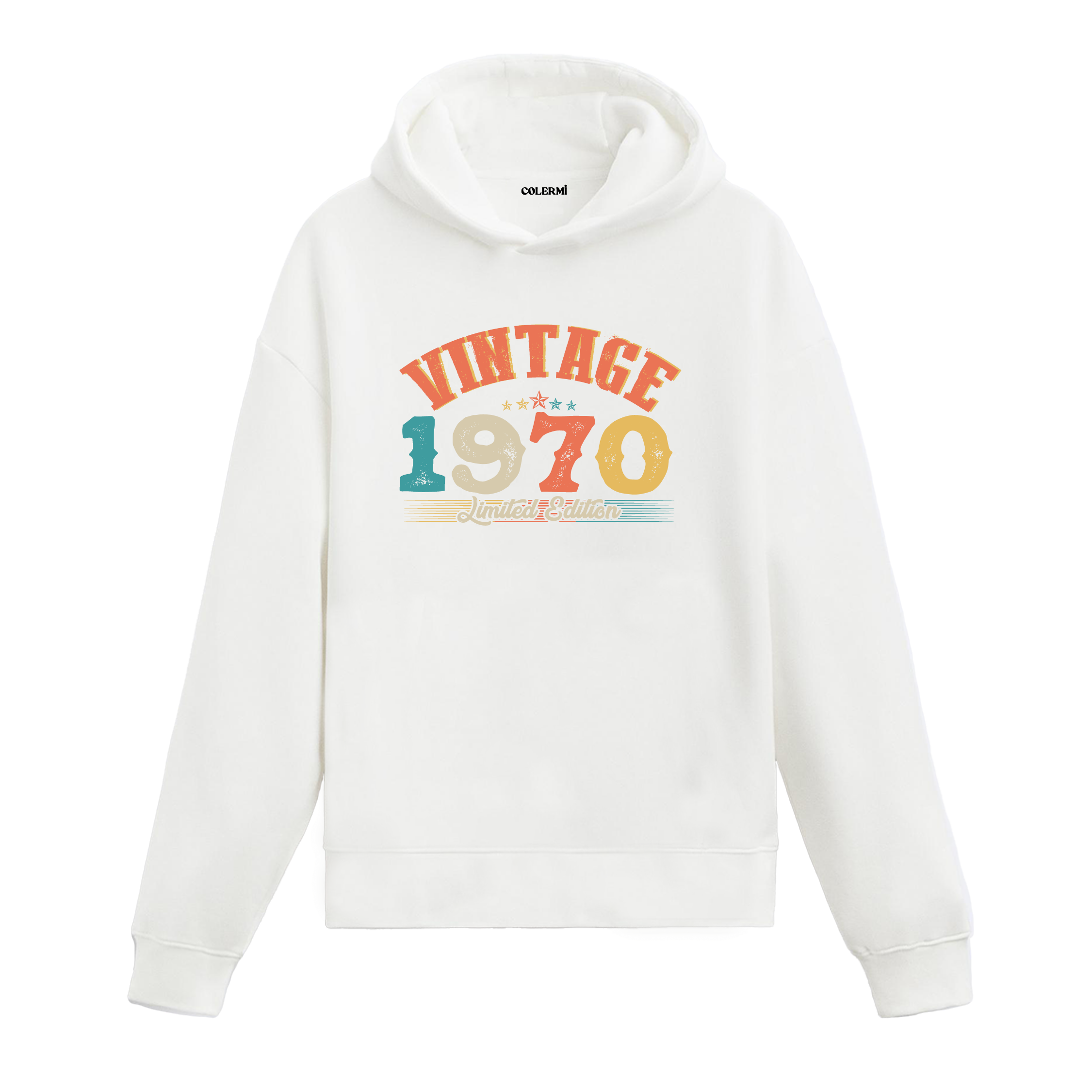 Beyaz kapüşonlu sweatshirt üzerinde “Vintage 1970 Limited Edition” baskılı retro tasarım hoodie.