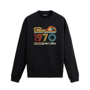 1970 Vintage sweatshirt, retro baskılı siyah sweatshirt