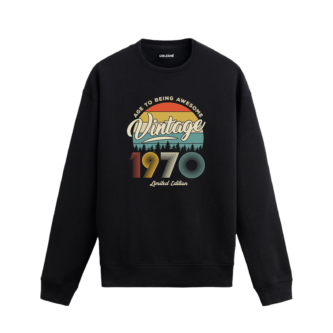 1970 yılı baskılı siyah retro vintage sweatshirt