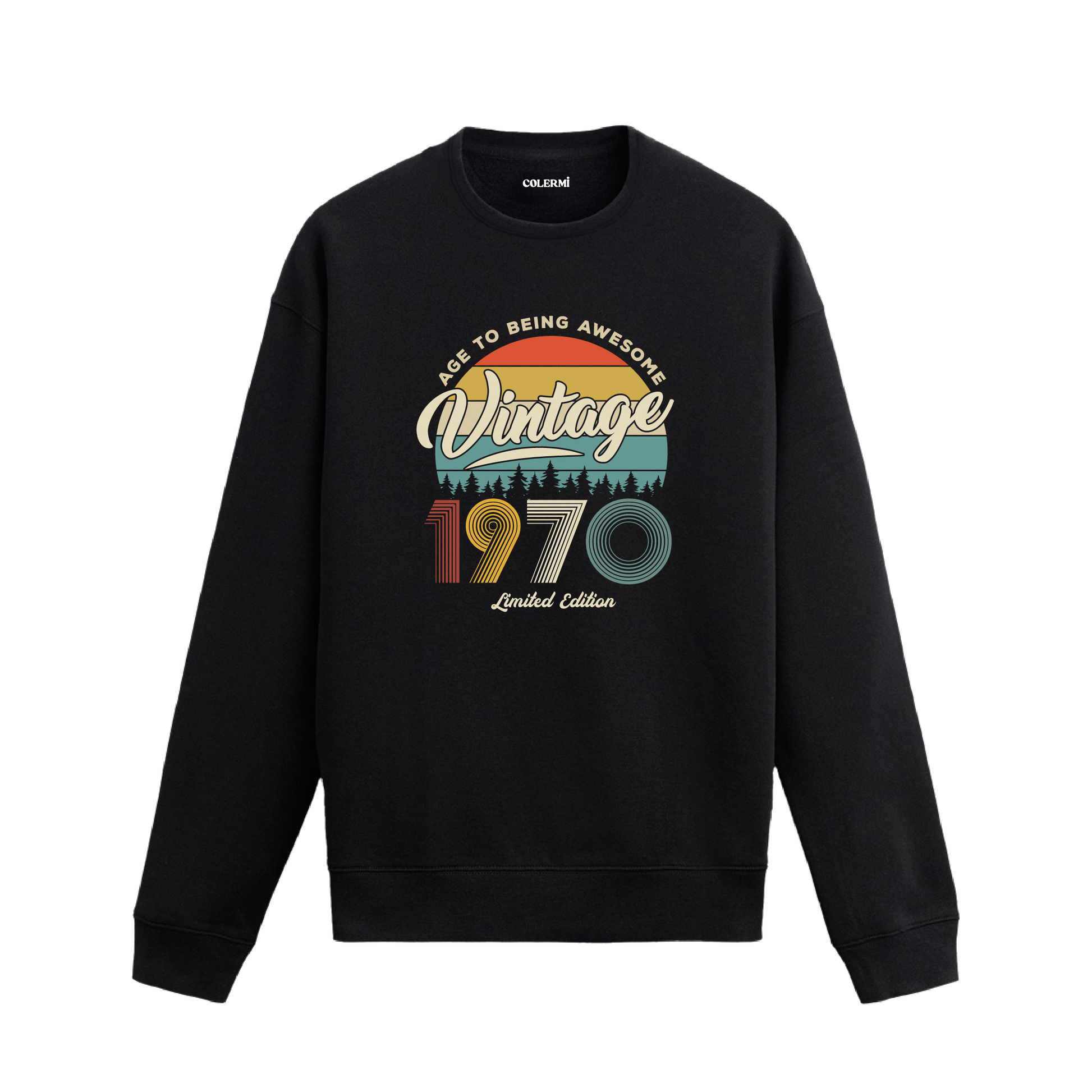 1970 yılı baskılı siyah retro vintage sweatshirt