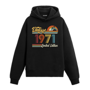 1971 doğum tarihli retro baskılı siyah vintage hoodie