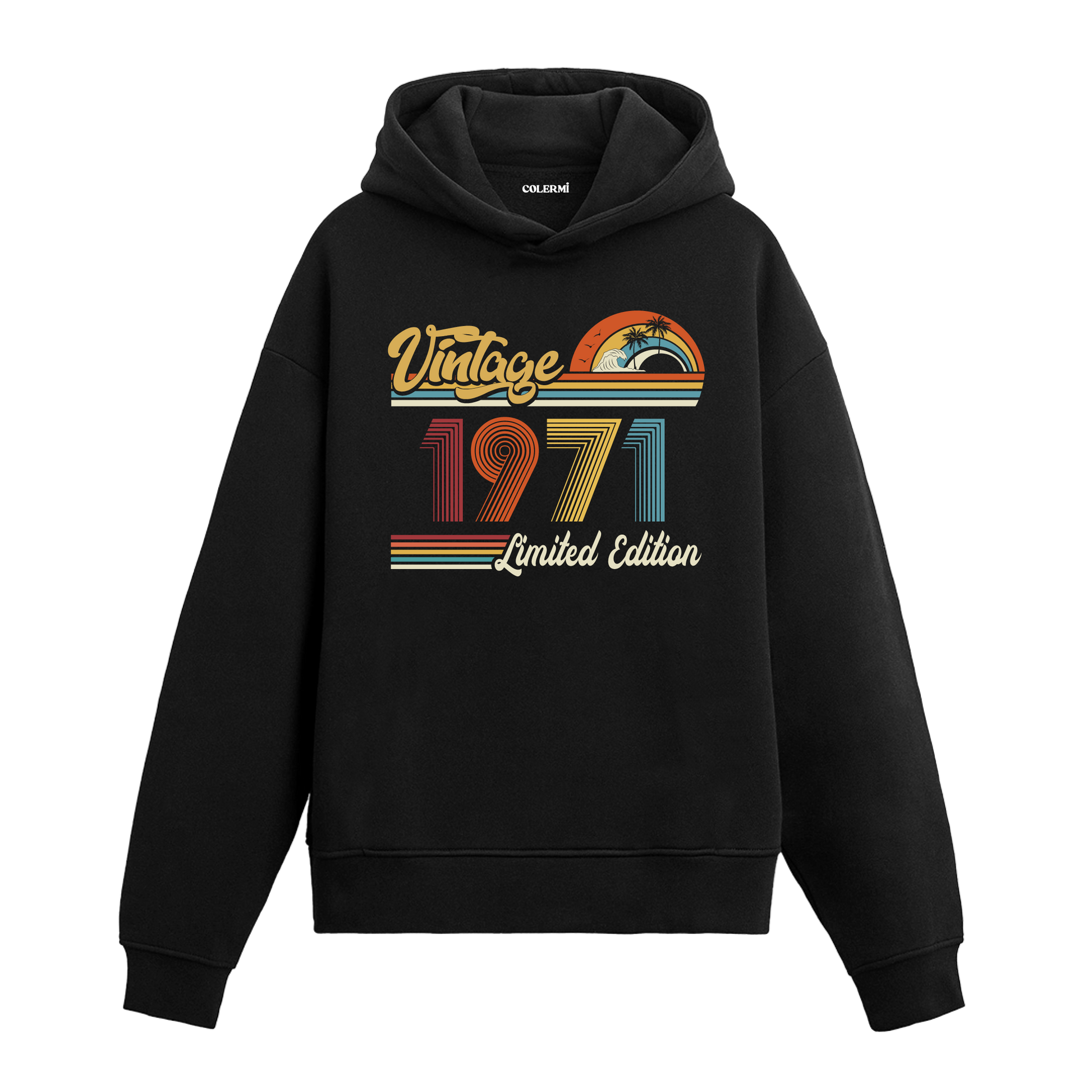 1971 doğum tarihli retro baskılı siyah vintage hoodie
