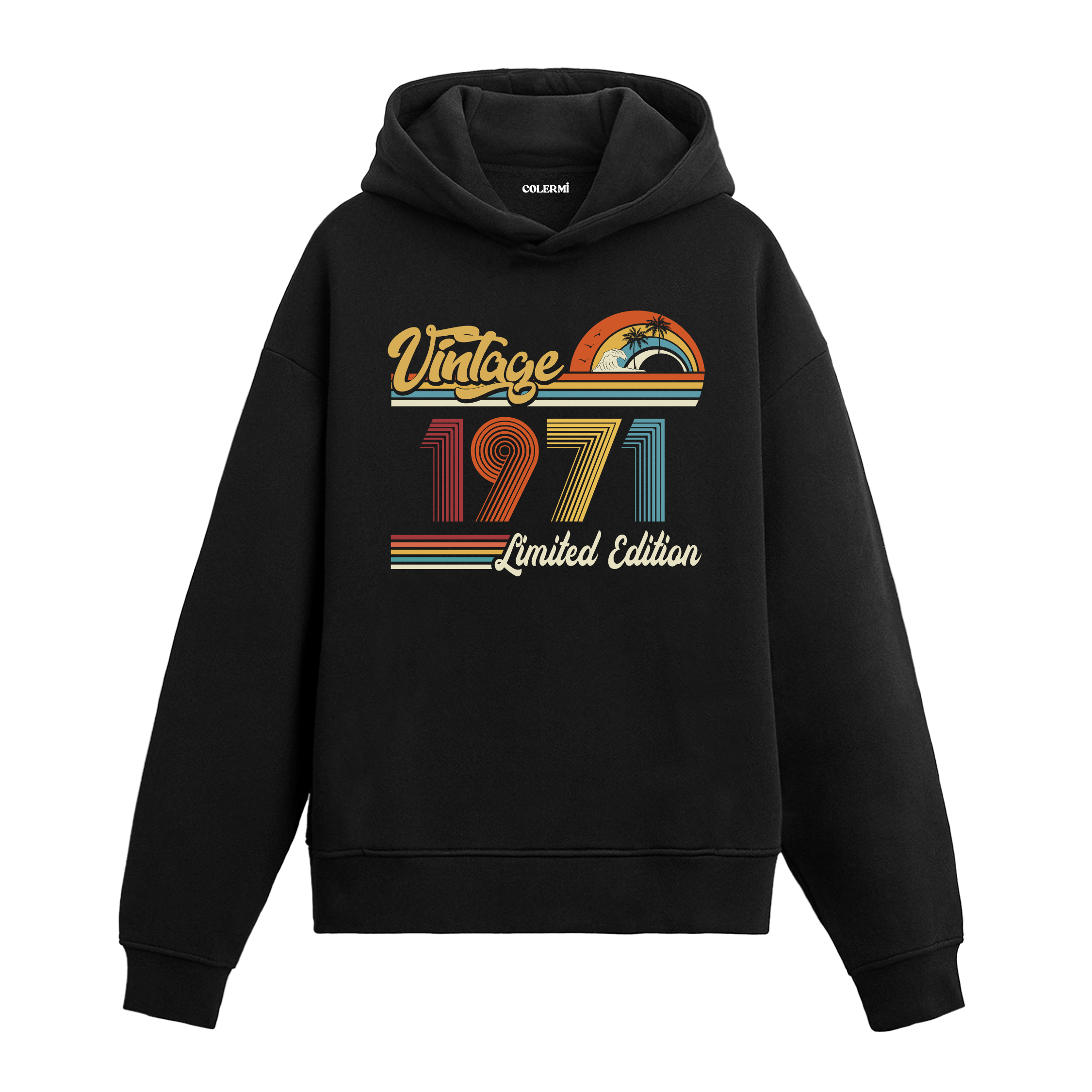 1971 doğum tarihli retro baskılı siyah vintage hoodie