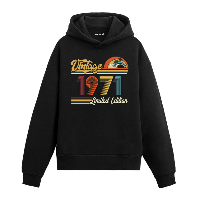 1971 doğum tarihli retro baskılı siyah vintage hoodie