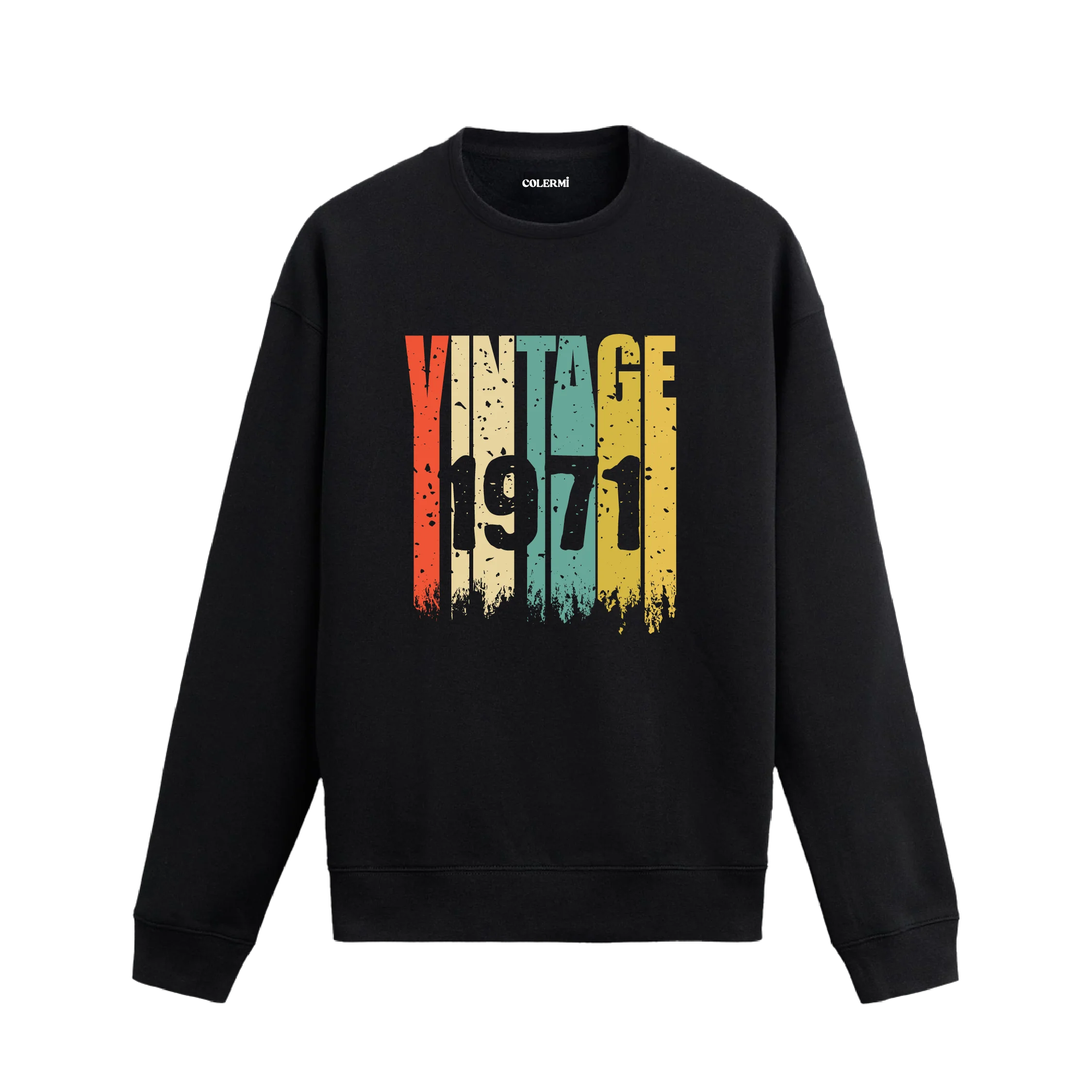Colermi 1971 Vintage Era tasarımlı siyah sweatshirt, retro baskılı.