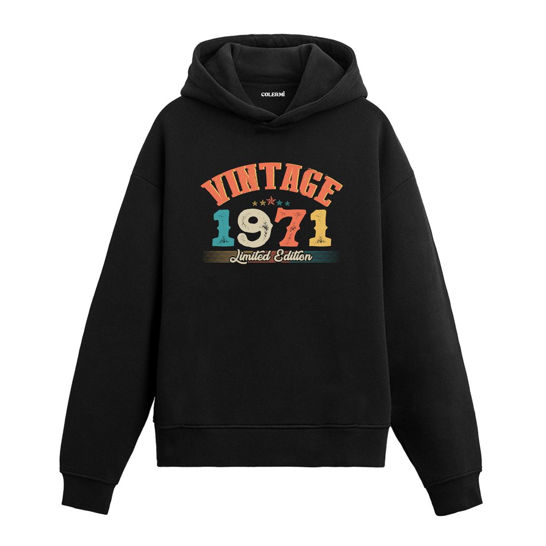 Siyah kapüşonlu sweatshirt üzerinde “Vintage 1971 Limited Edition” retro baskı tasarımlı hoodie.