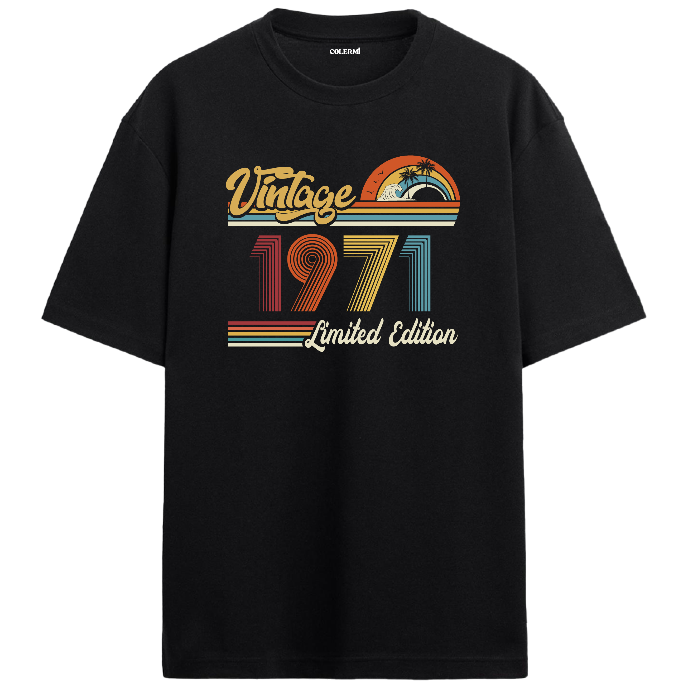 1971 Vintage siyah oversize tişört, retro baskısıyla nostaljik bir doğum günü hediyesi seçeneği sunar.