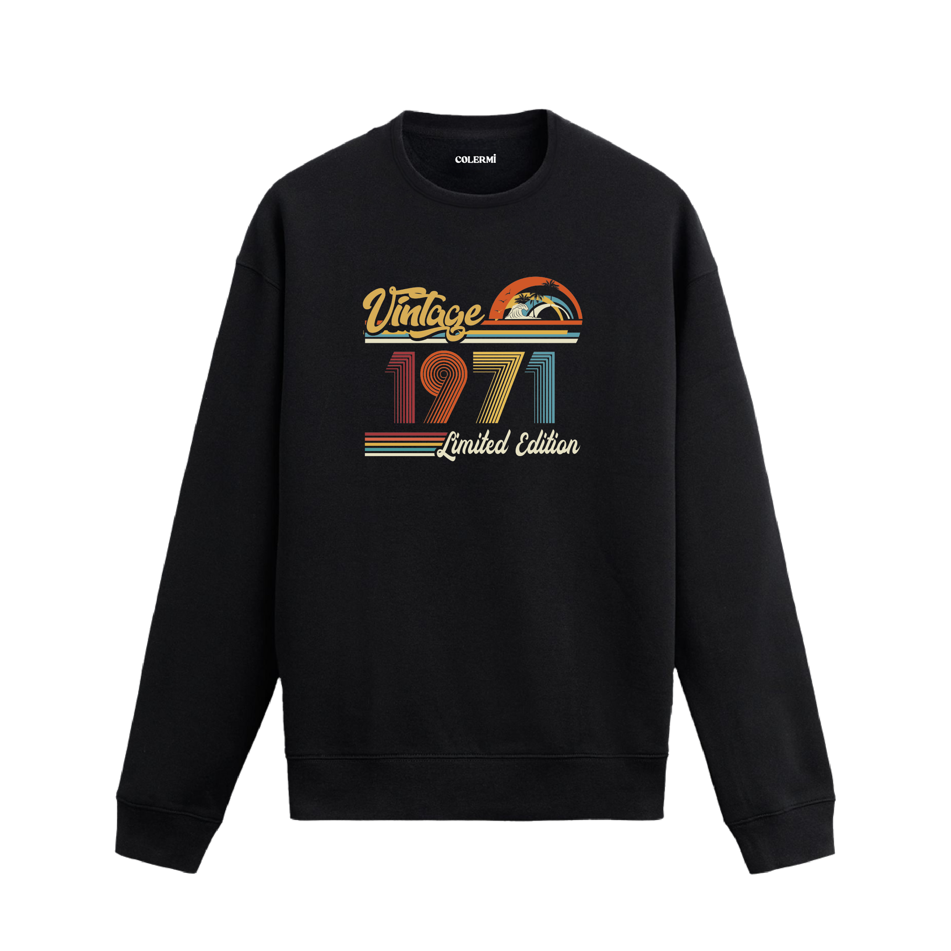 1971 Vintage sweatshirt, retro baskılı siyah sweatshirt