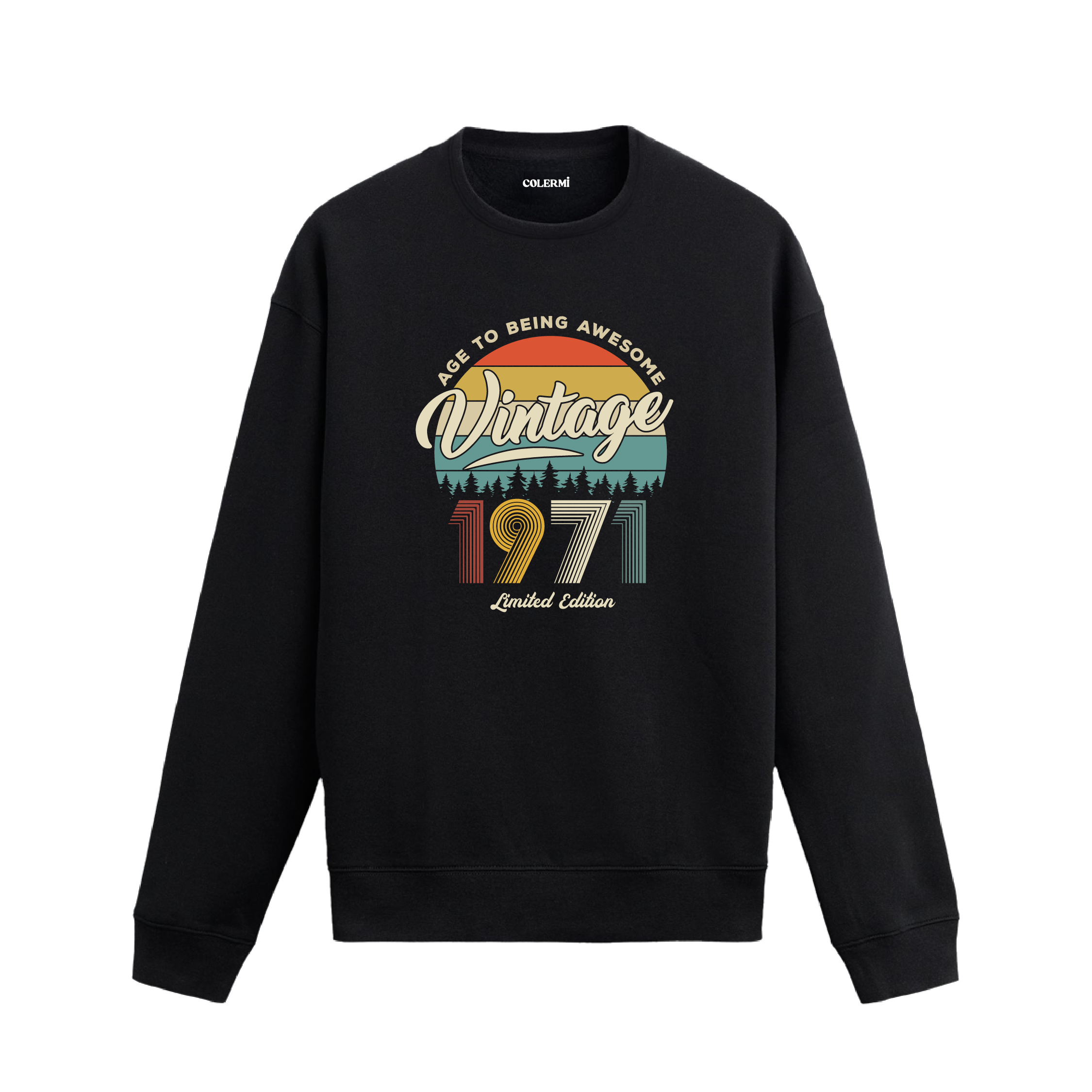 1971 yılı baskılı siyah retro vintage sweatshirt