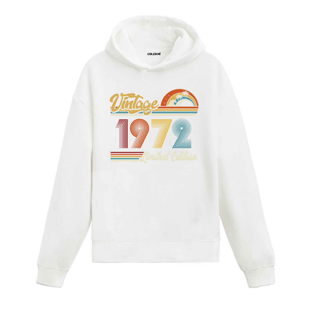 1972 doğum tarihli retro baskılı beyaz vintage hoodie