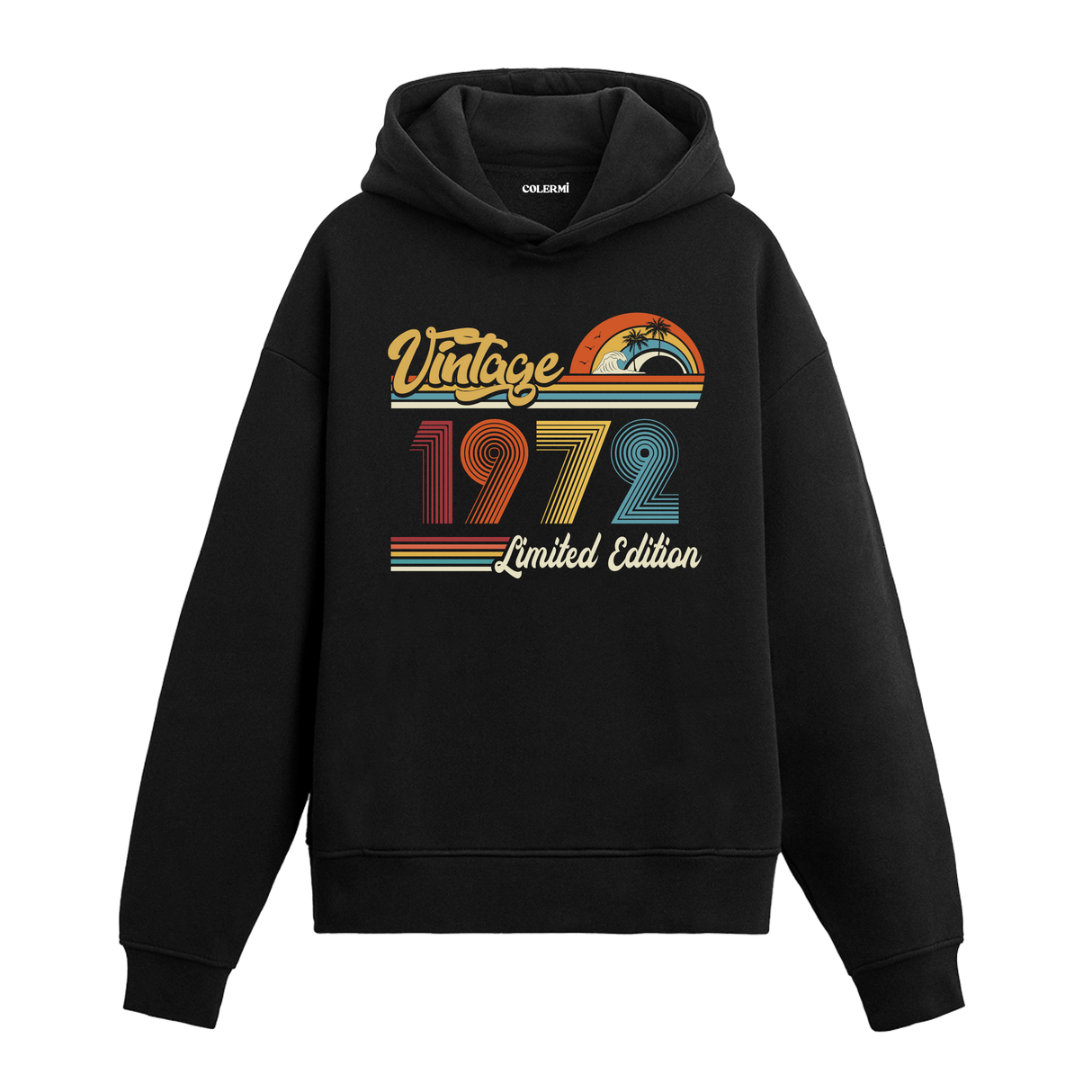 1972 doğum tarihli retro baskılı siyah vintage hoodie