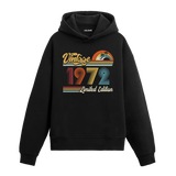 1972 doğum tarihli retro baskılı siyah vintage hoodie