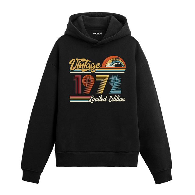 1972 doğum tarihli retro baskılı siyah vintage hoodie
