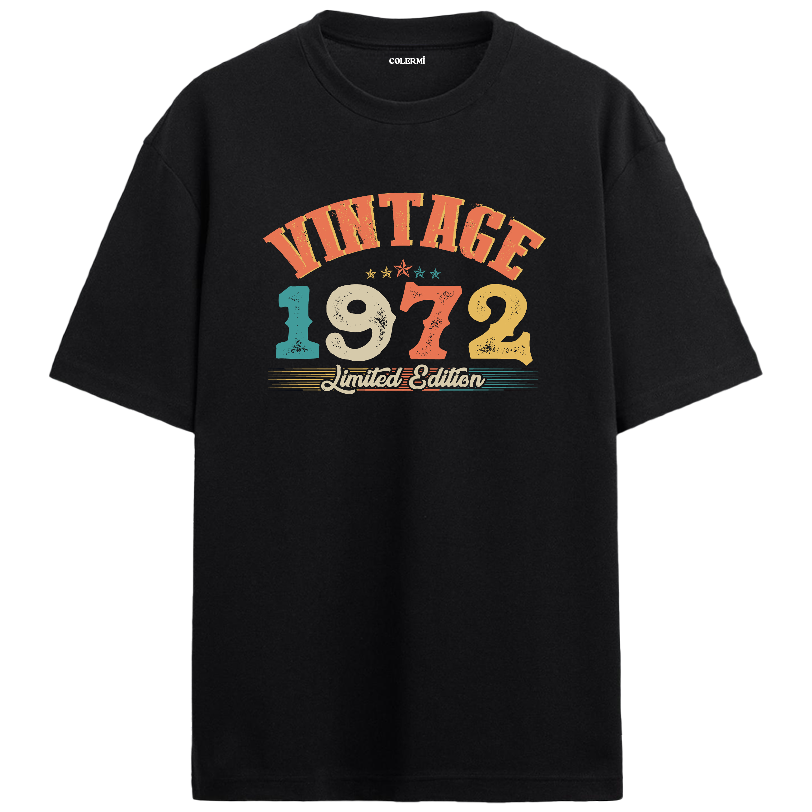 1972 Vintage Echo siyah oversize tişört, pamuk kumaşıyla yumuşak ve rahat bir doğum günü hediyesi seçeneği sunar.