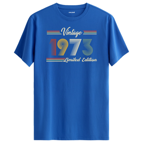 1973 yazılı klasik vintage retro tasarımlı mavi tişört
