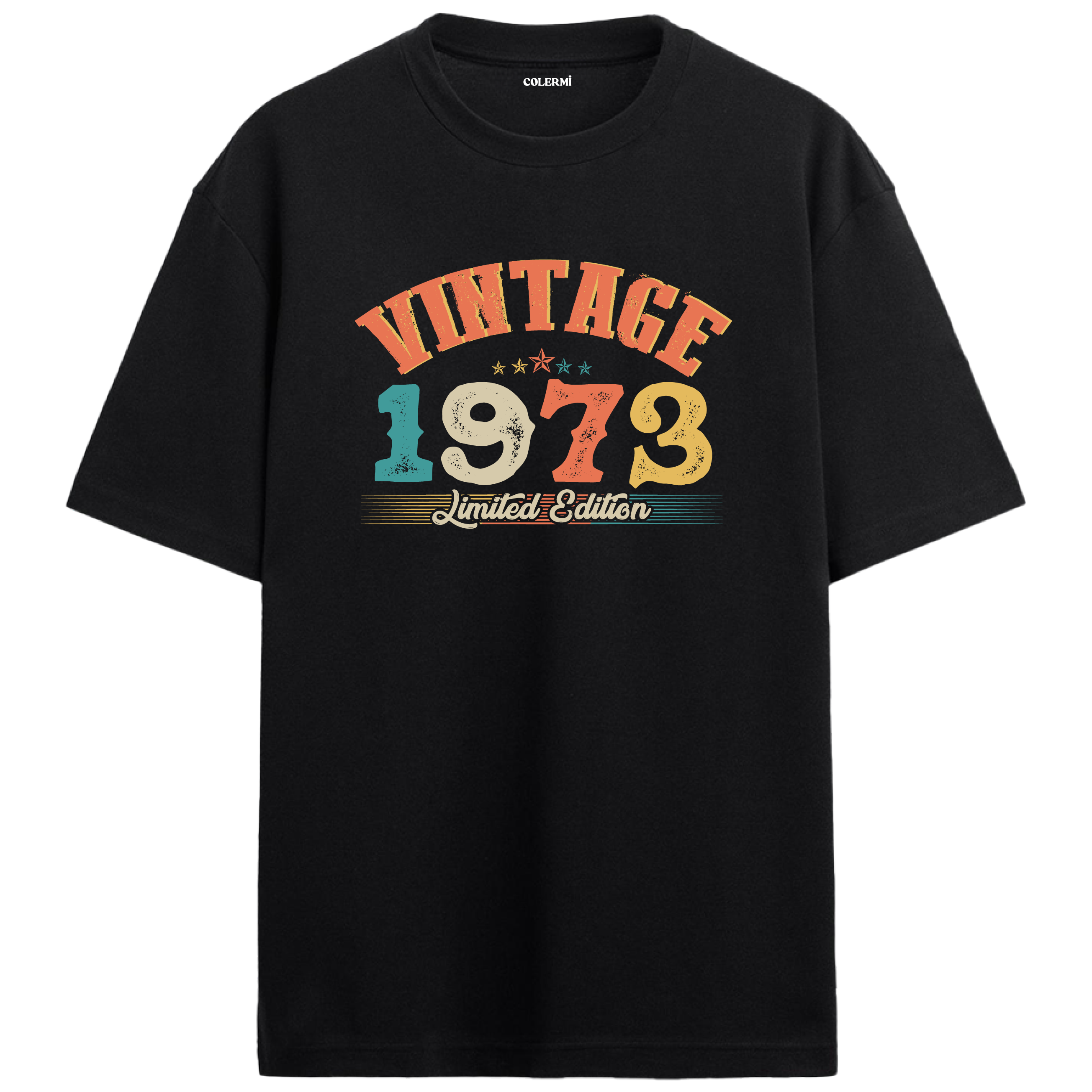 1973 Vintage Echo siyah oversize tişört, pamuk kumaşıyla yumuşak ve rahat bir doğum günü hediyesi seçeneği sunar.