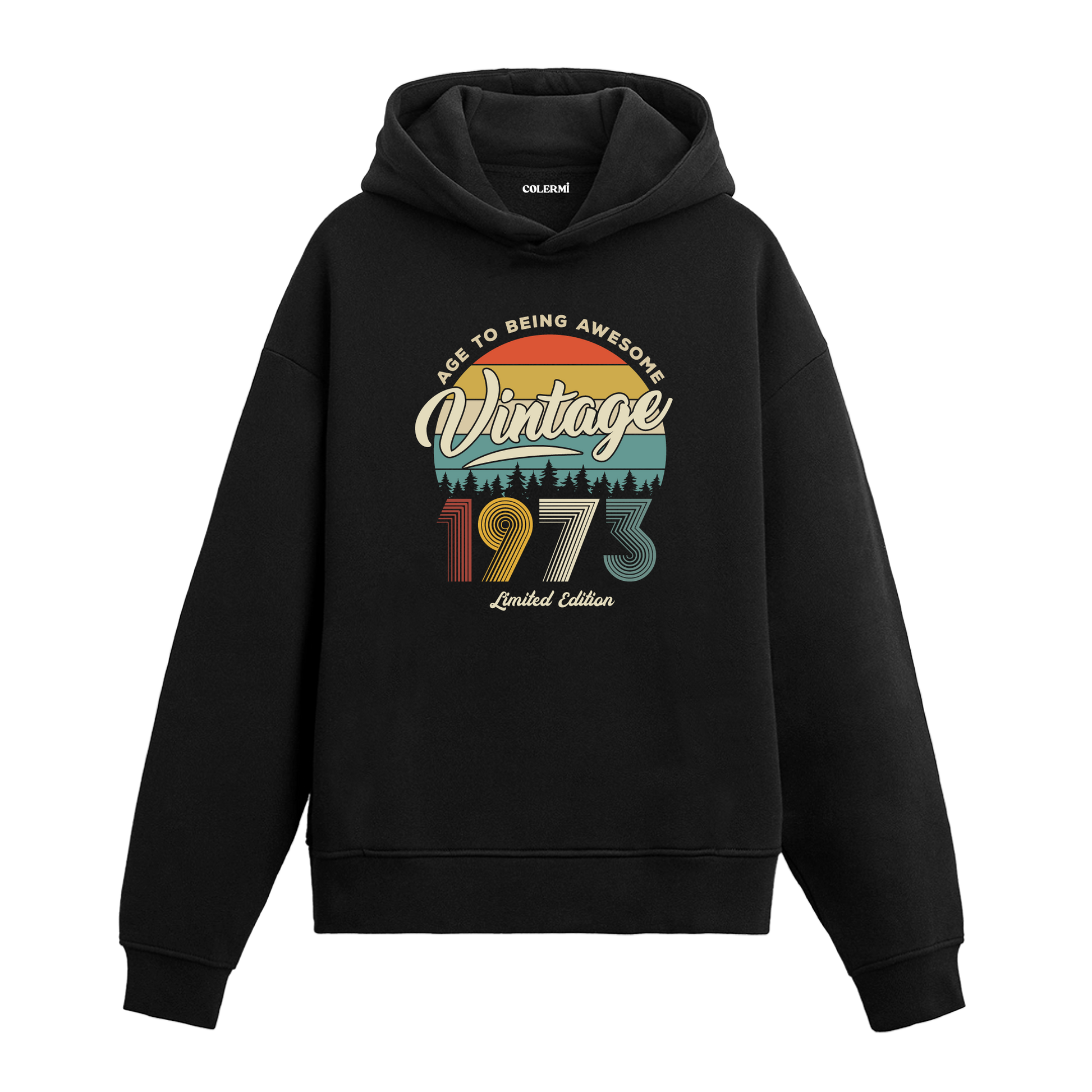 1973 Vintage Hoodie, yıl baskısı ve pamuklu kumaşıyla nostaljik bir görünüm sunuyor.