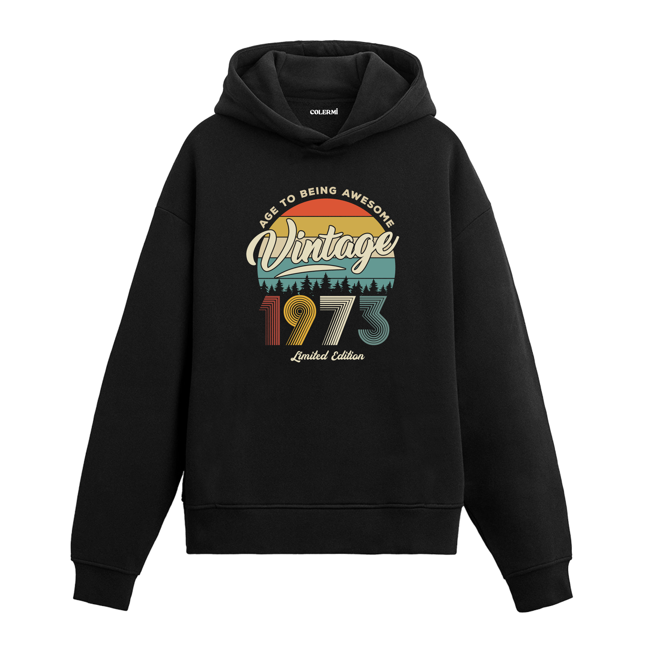 1973 Vintage Hoodie, yıl baskısı ve pamuklu kumaşıyla nostaljik bir görünüm sunuyor.