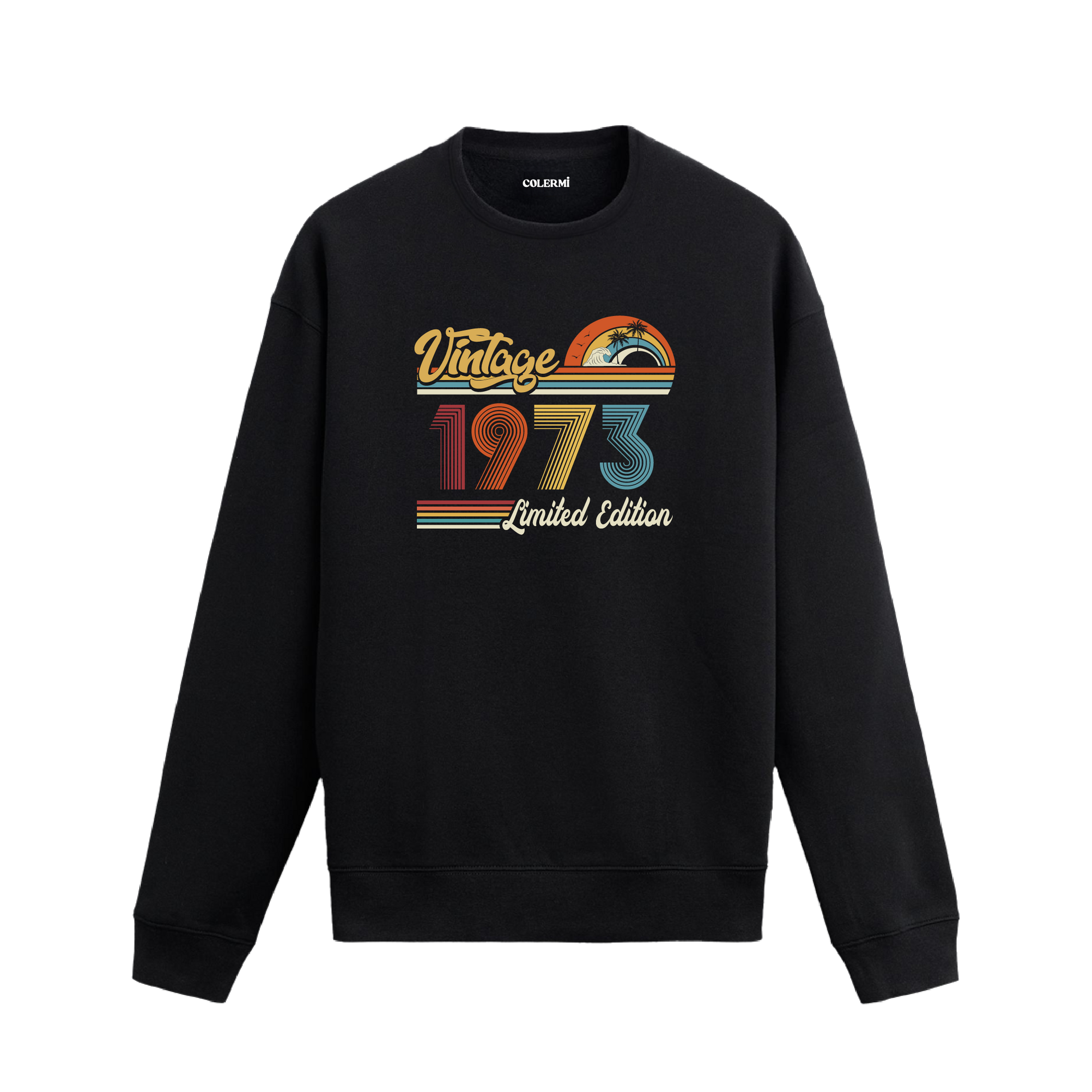 1973 Vintage sweatshirt, retro baskılı siyah sweatshirt