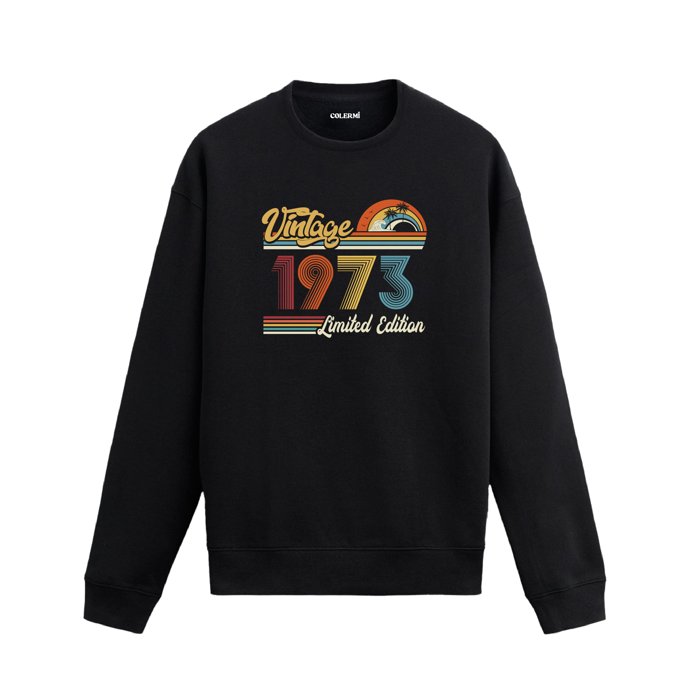 1973 Vintage sweatshirt, retro baskılı siyah sweatshirt