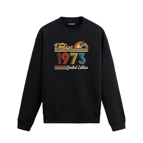 1973 Vintage sweatshirt, retro baskılı siyah sweatshirt