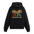 1974 doğum tarihli retro baskılı siyah vintage hoodie
