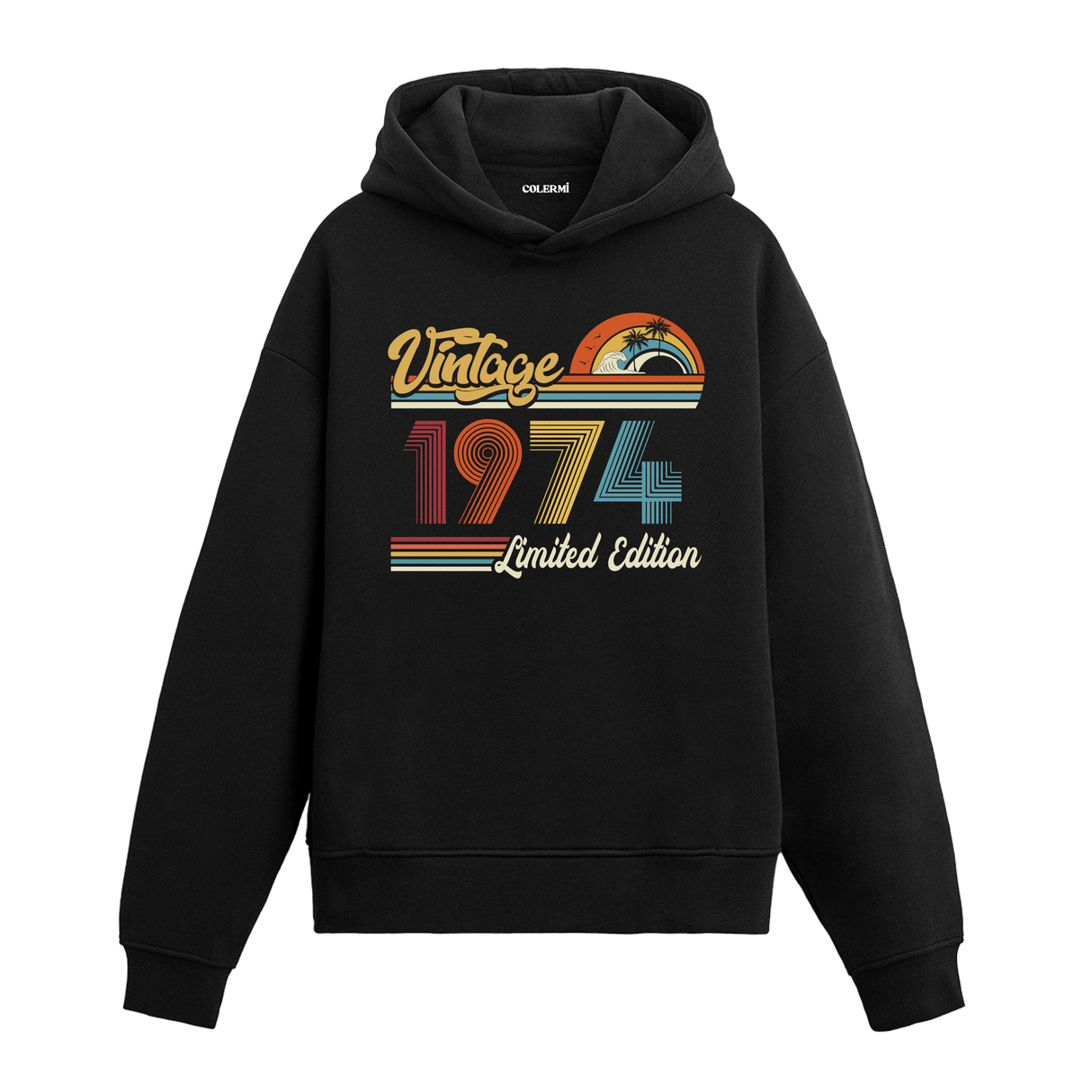 1974 doğum tarihli retro baskılı siyah vintage hoodie
