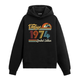 1974 doğum tarihli retro baskılı siyah vintage hoodie