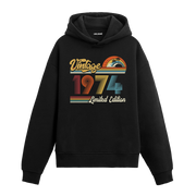 1974 doğum tarihli retro baskılı siyah vintage hoodie