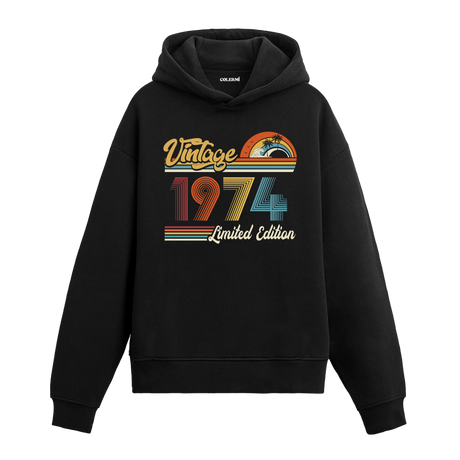 1974 doğum tarihli retro baskılı siyah vintage hoodie