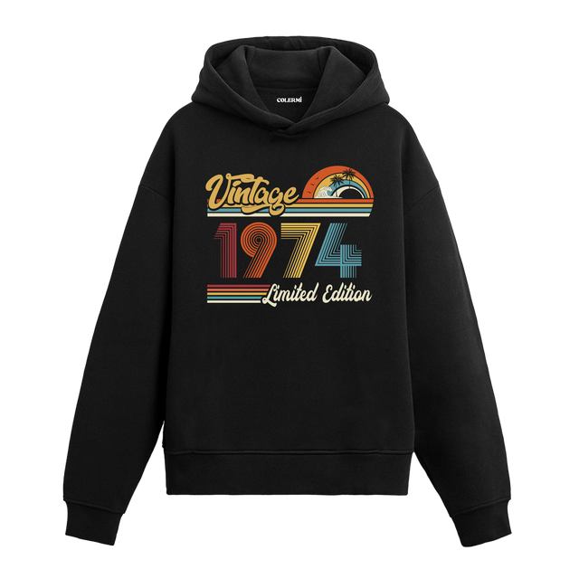 1974 doğum tarihli retro baskılı siyah vintage hoodie