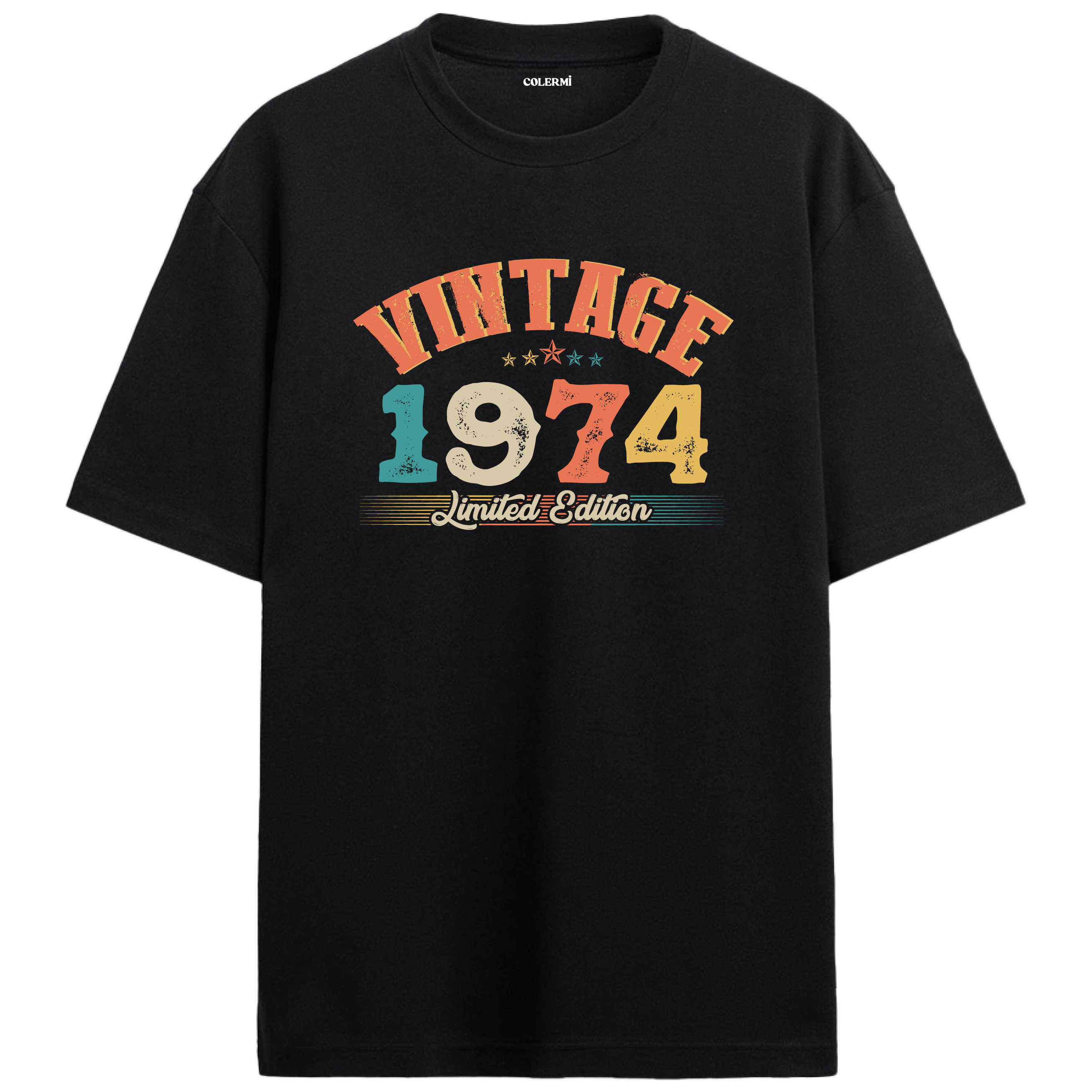 1974 Vintage Echo siyah oversize tişört, pamuk kumaşıyla yumuşak ve rahat bir doğum günü hediyesi seçeneği sunar.