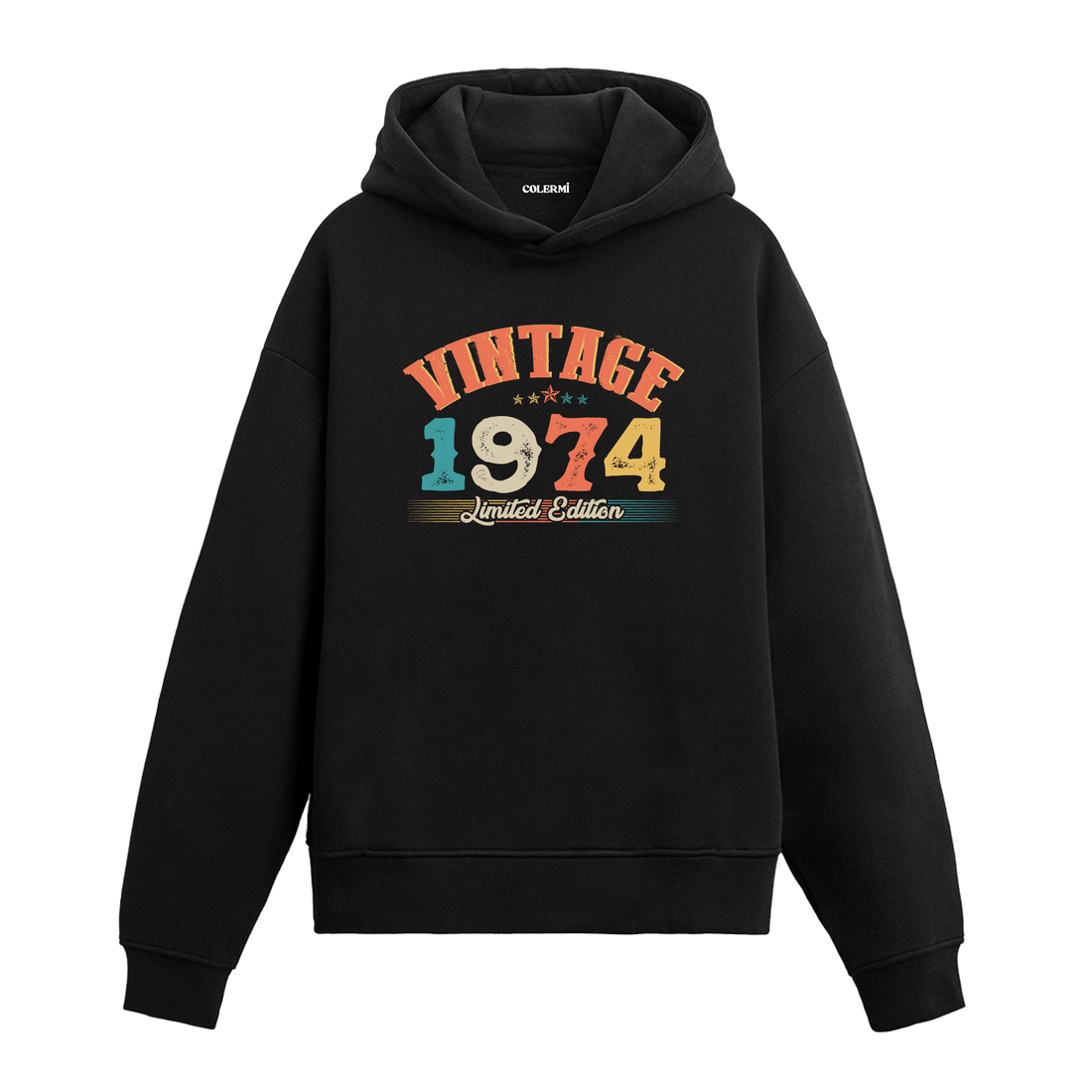 1974 yılına özel tasarlanmış siyah Vintage Hoodie Echo, retro yazı ve yıl baskılı modern hoodie modeli.