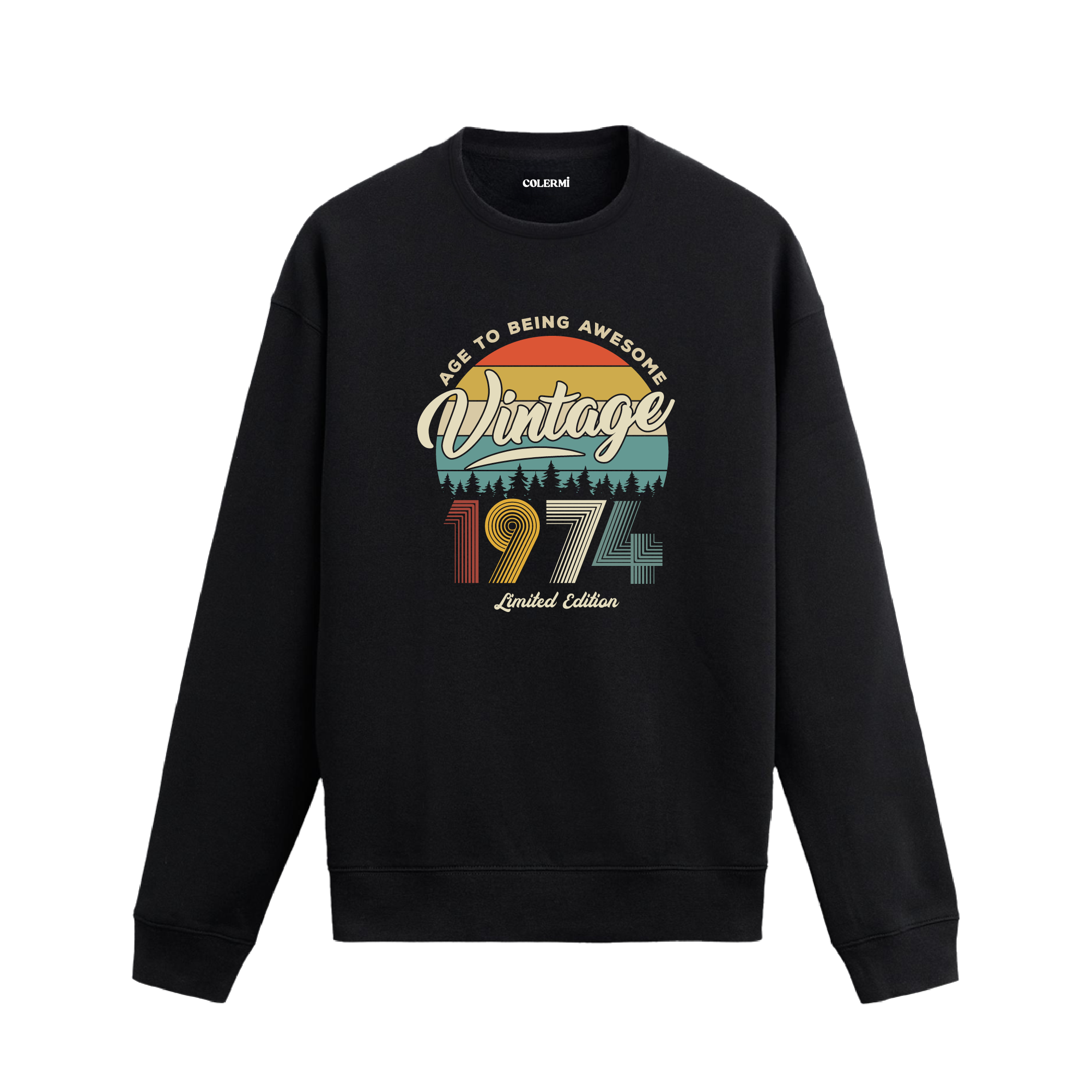 1974 yılı baskılı siyah retro vintage sweatshirt
