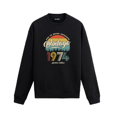 1974 yılı baskılı siyah retro vintage sweatshirt