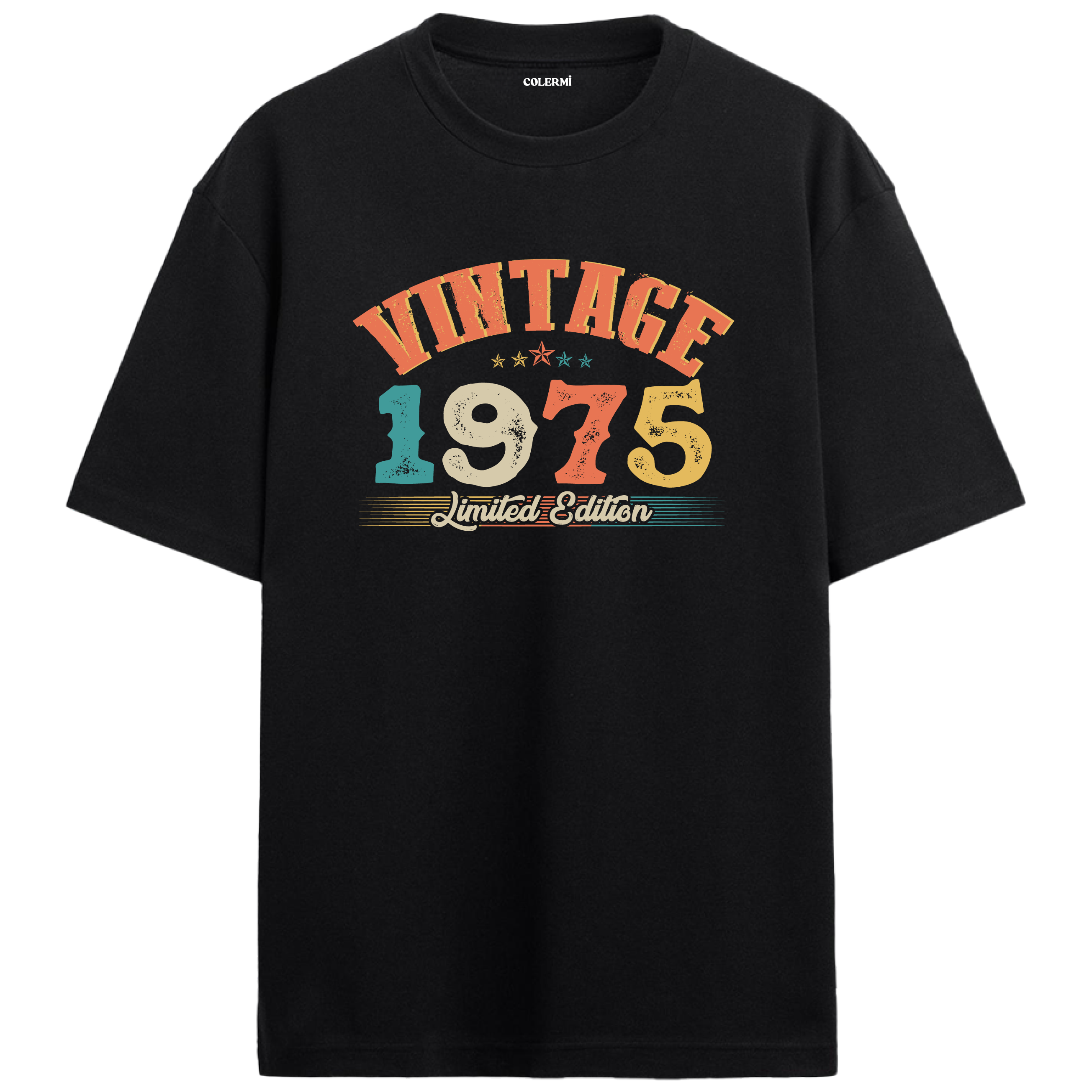 1975 Vintage Echo siyah oversize tişört, pamuk kumaşıyla yumuşak ve rahat bir doğum günü hediyesi seçeneği sunar.